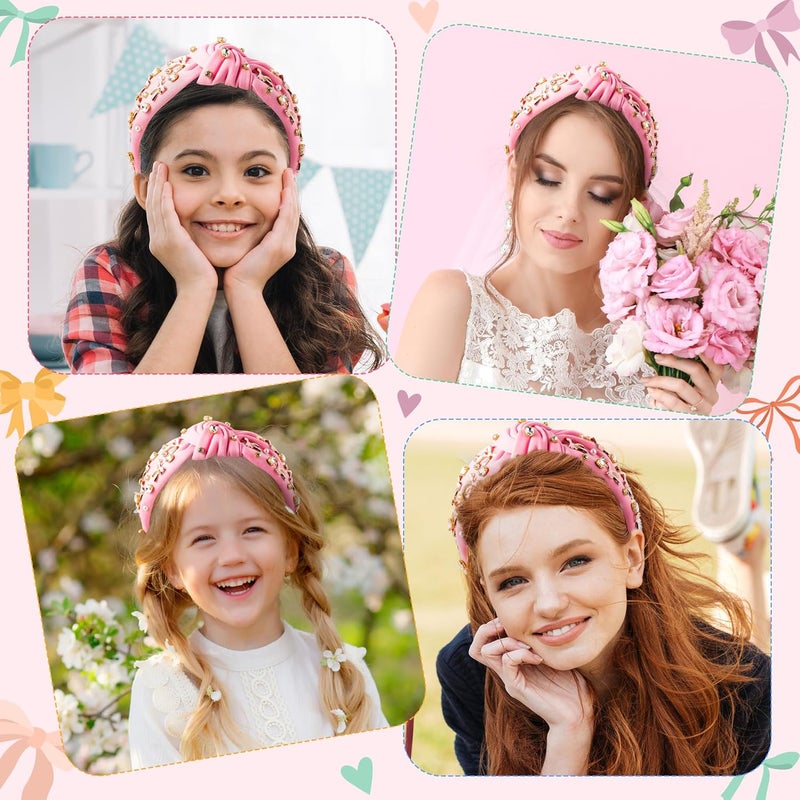 PANTIDE Coquette Pink Bow Jeweled Knotted Headband - Rhinestone Crystal Pearl Embellished Preppy Trendy Headband Wide Top Knot Non Slip Fashion Hairband Accessories Birthday Gift for Women Girl (Pink) - Image 4
